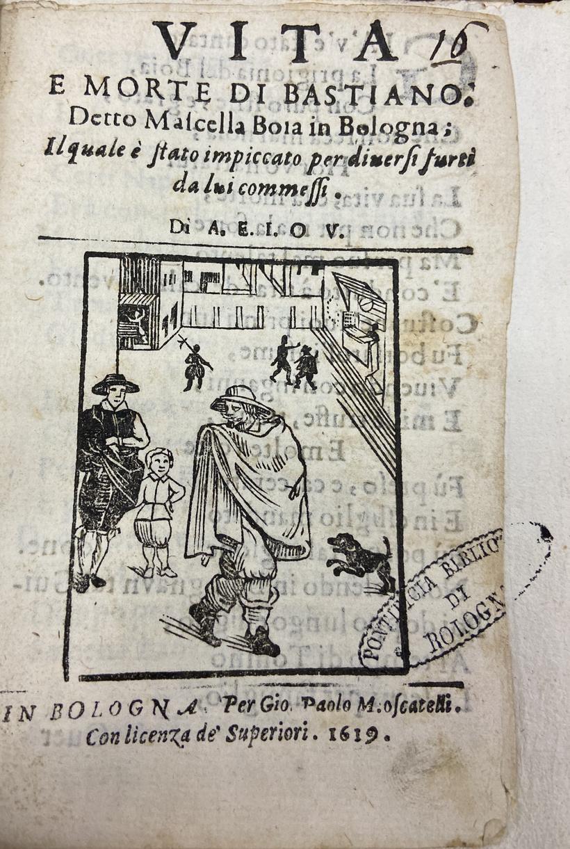 Page de titre gravée de la Vita e morte di Bastiano, Bologne, 1619 : le bourreau en cape, un enfant et un chien devant la prison.