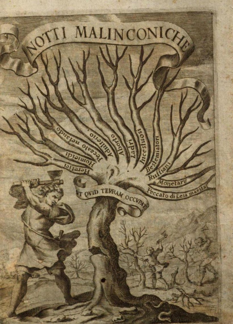 Frontispice gravé des Notti malinconiche, 1658 : un arbre mort dont les branches portent les noms des crimes capitaux, qu’un homme abat à la hache.