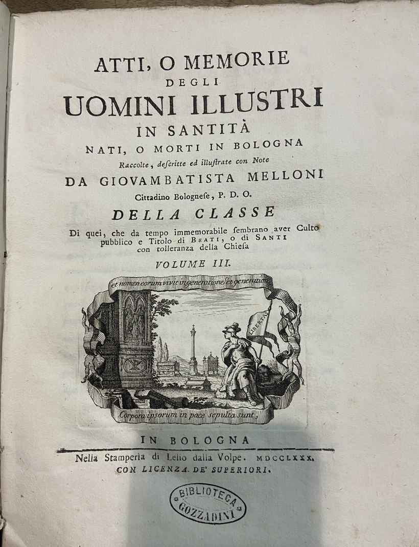 Page de titre gravée des Atti o memorie degli uomini illustri in santità, Bologne, 1780.